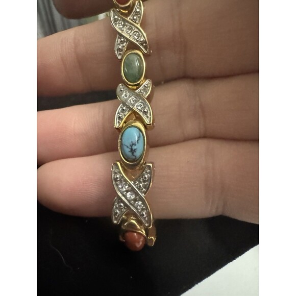 Vintage Goldtone Multi-Stone Link Bracelet – Fold Over Clasp - Picture 13 of 13